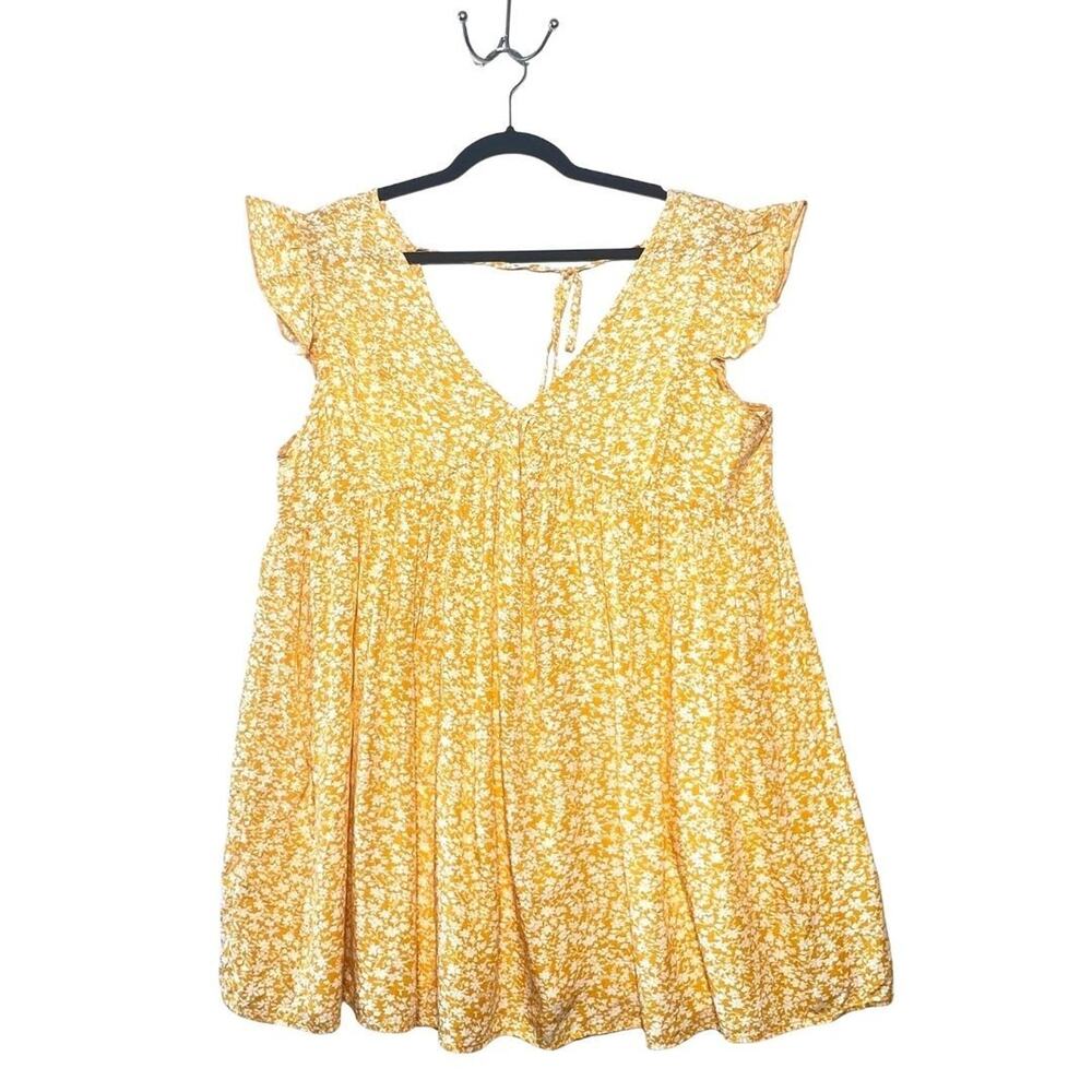 Yellow and White Floral V-neck Back tie Babydoll Sundress Ruffle Sleeves 2XL